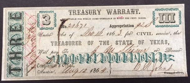 $3 1863 Treasury Warrant Civil Service Austin State of Texas